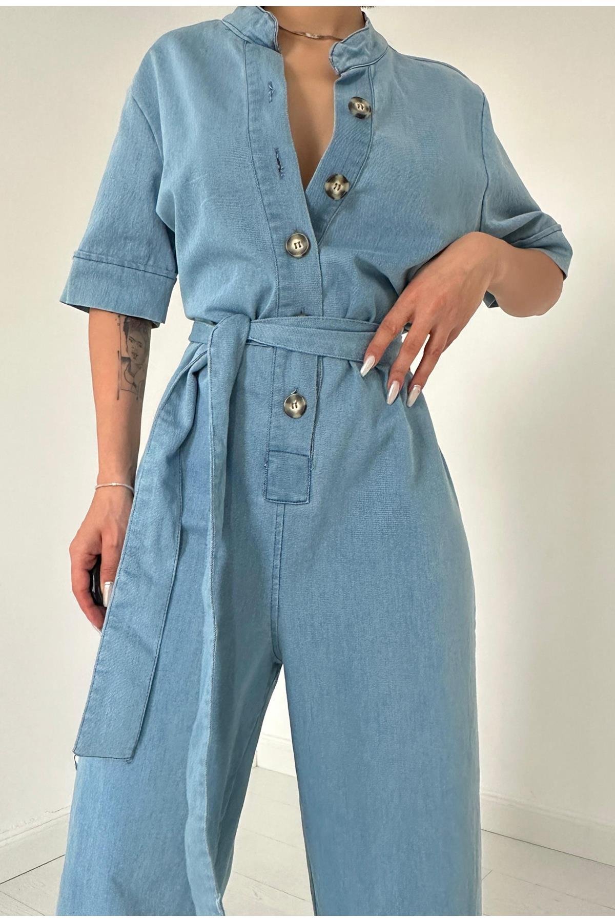 Toptan Mavi Kemerli ve Düğmeli Kot Tulum