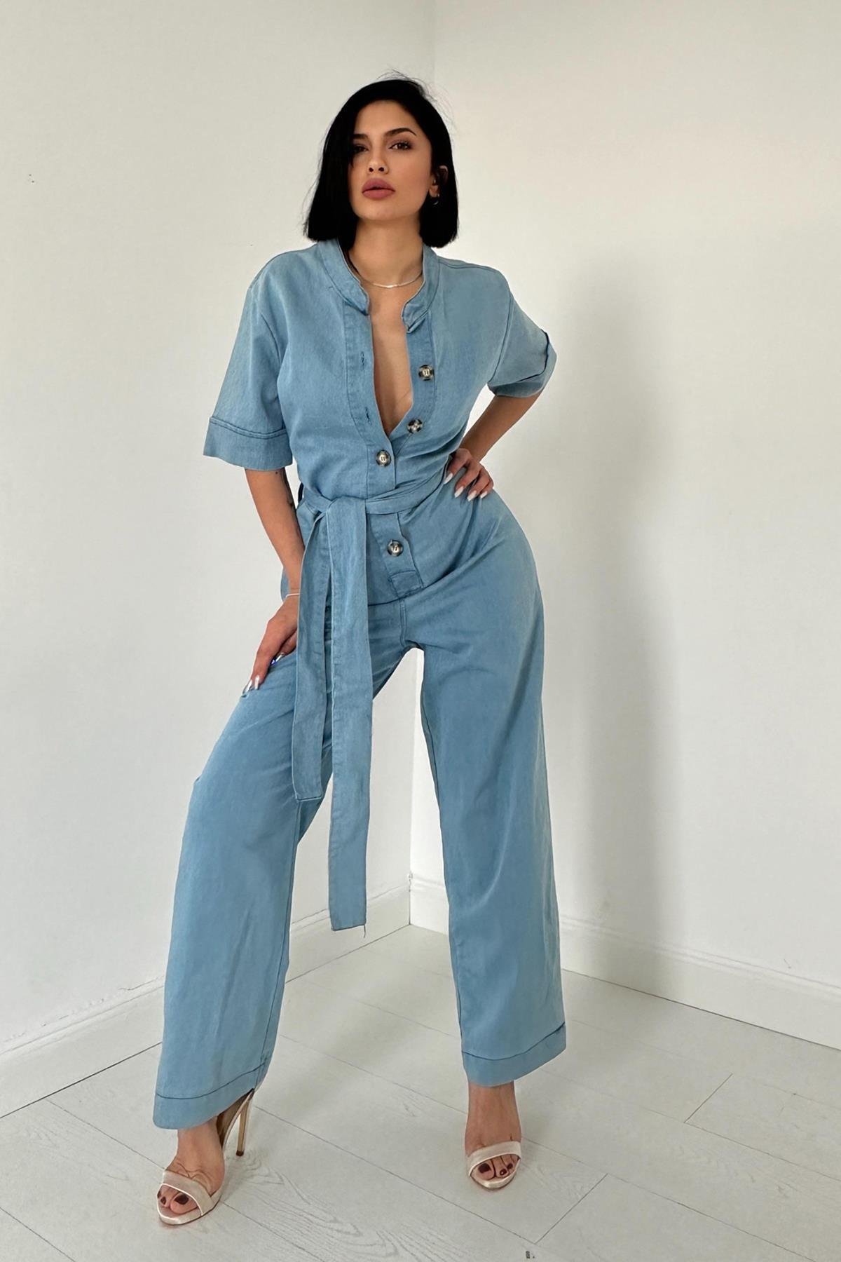 Toptan Mavi Kemerli ve Düğmeli Kot Tulum