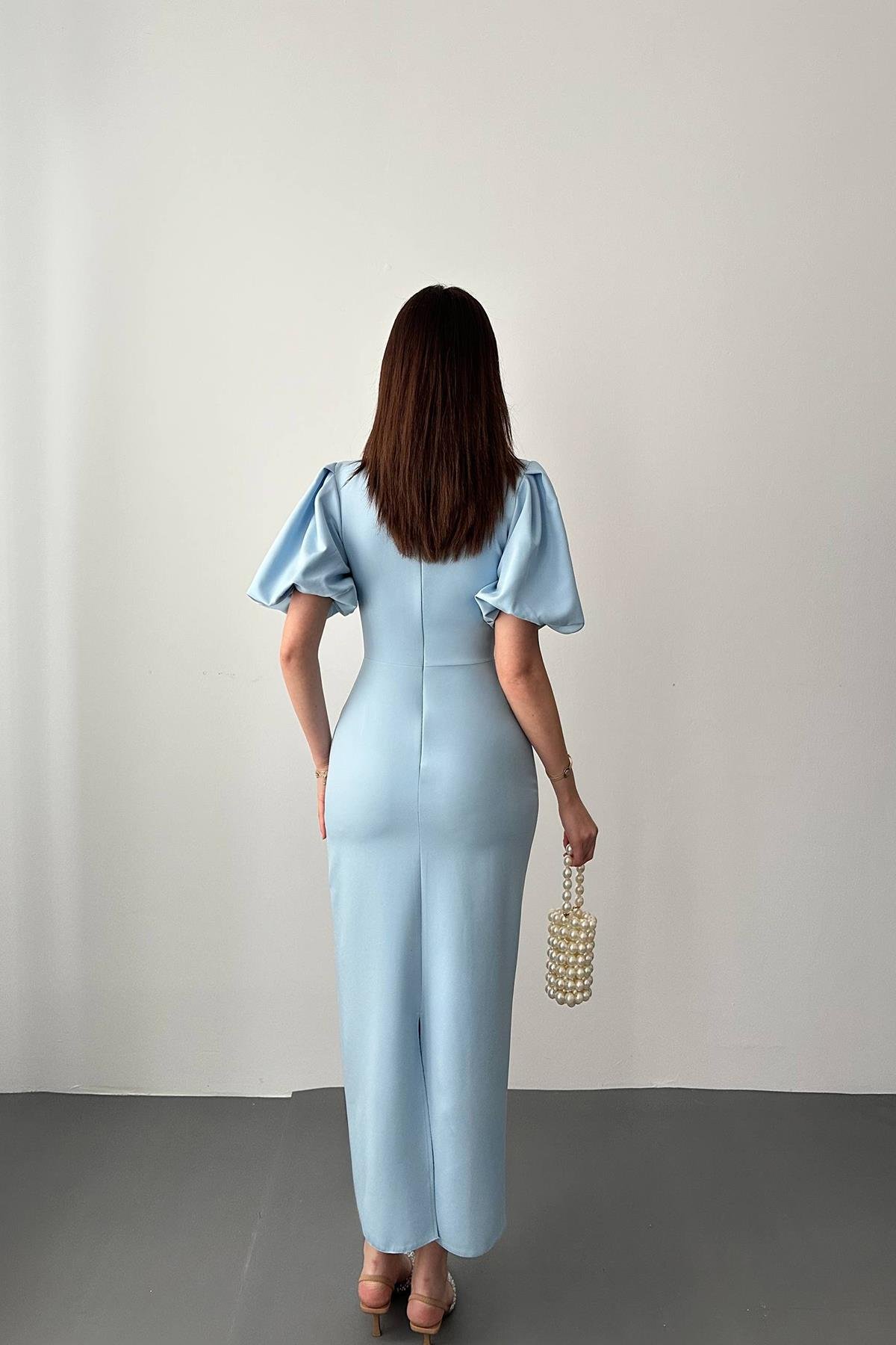 Toptan MAVİ Kolları Balon Elbise