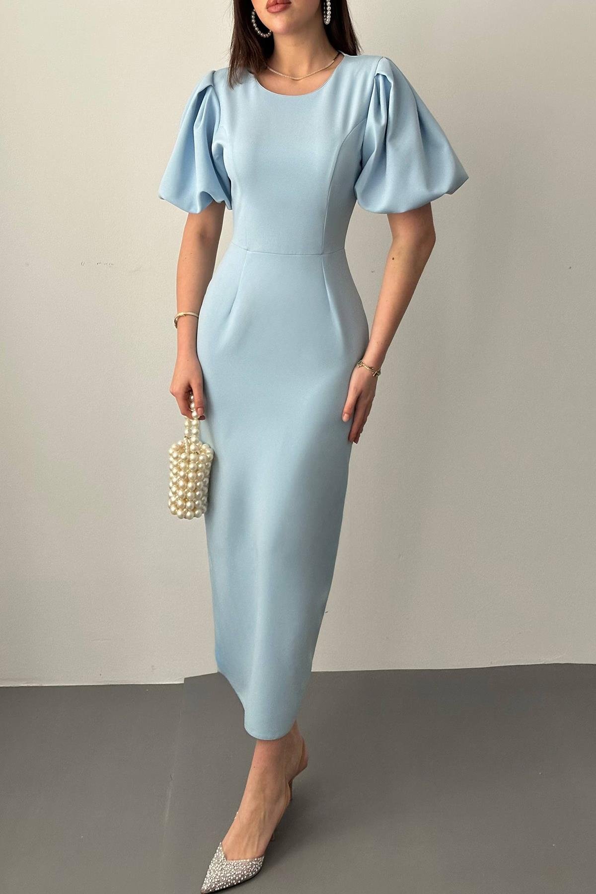 Toptan MAVİ Kolları Balon Elbise