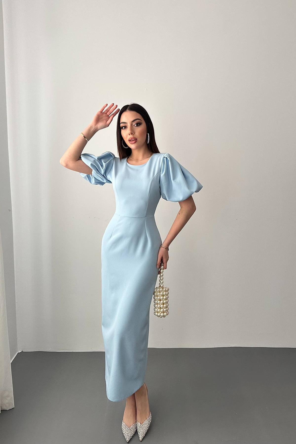 Toptan MAVİ Kolları Balon Elbise