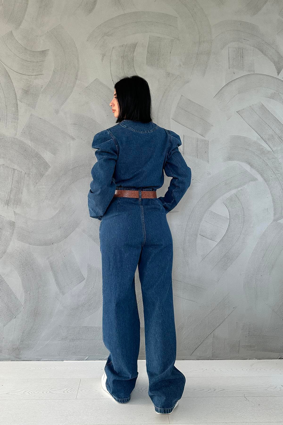 Toptan Mavi Kolları Pileli V Yaka Tulum