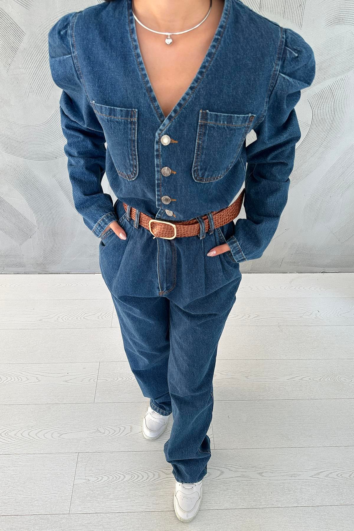 Toptan Mavi Kolları Pileli V Yaka Tulum