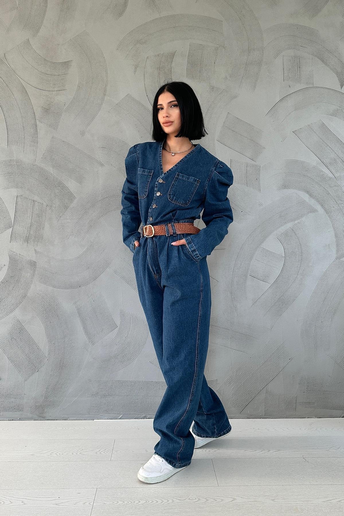 Toptan Mavi Kolları Pileli V Yaka Tulum