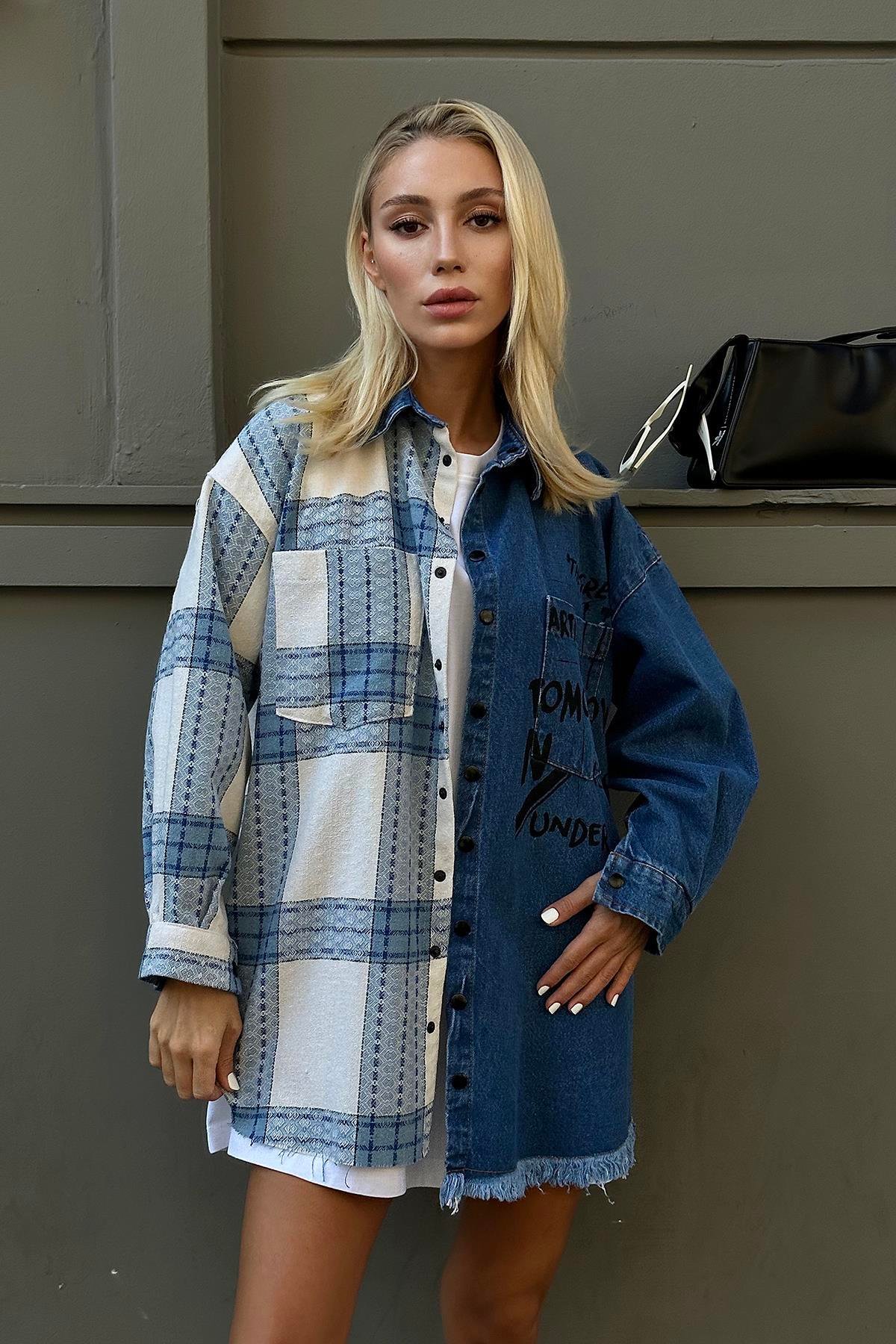 Toptan Mavi Kot Garni Parçalı Gömlek