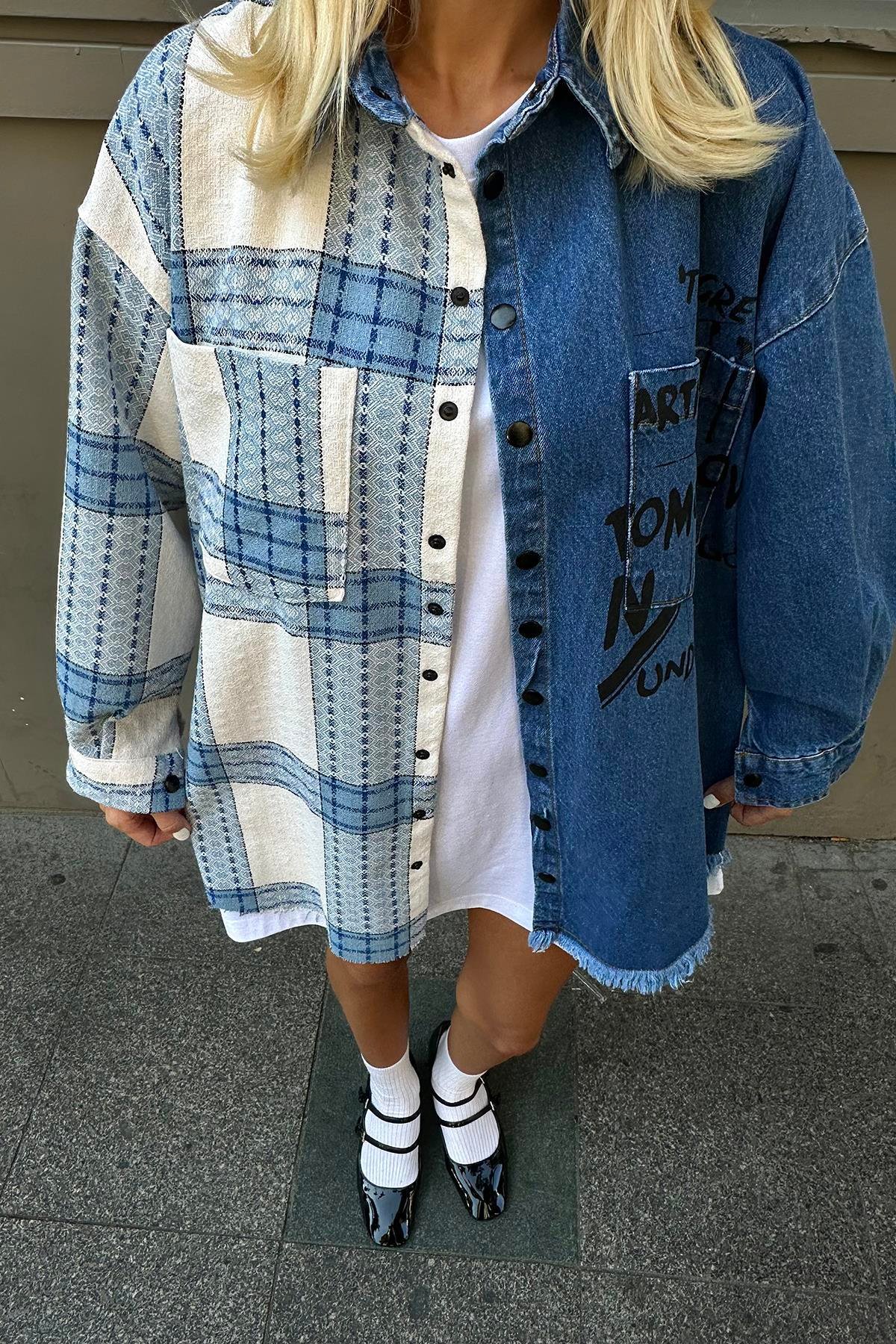 Toptan Mavi Kot Garni Parçalı Gömlek