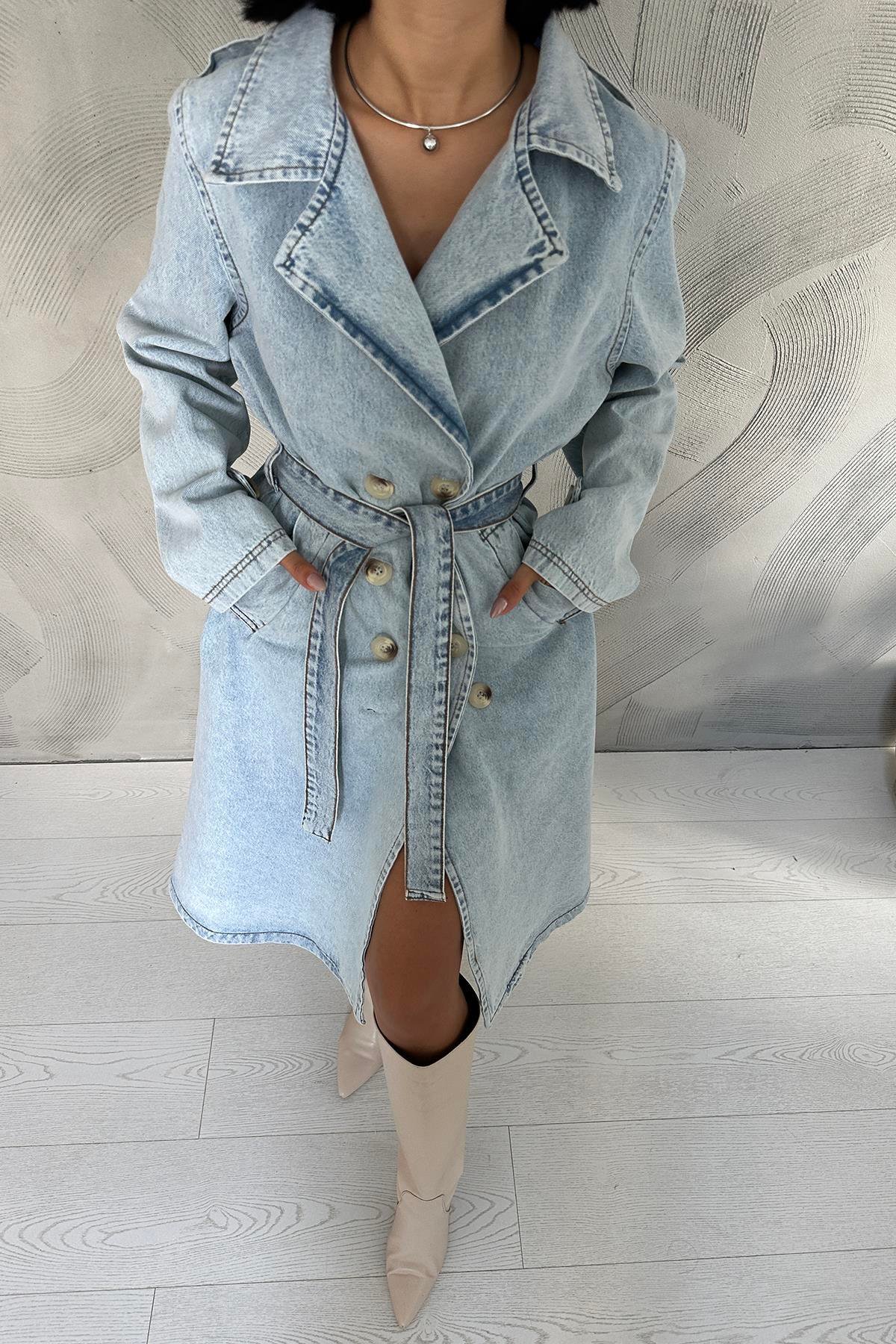 Оптовая продажа синего джинсового тренча с поясом