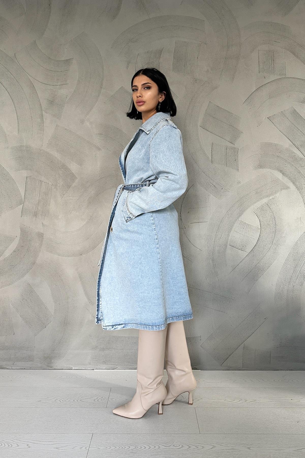 Оптовая продажа синего джинсового тренча с поясом