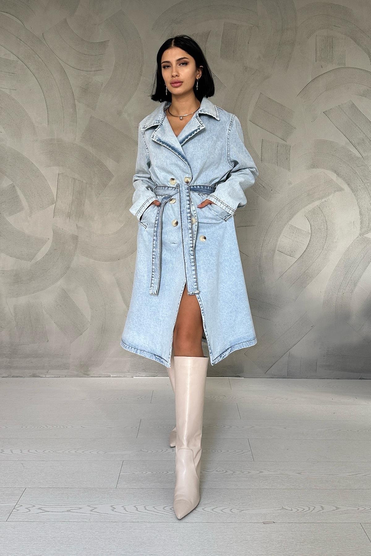 Оптовая продажа синего джинсового тренча с поясом