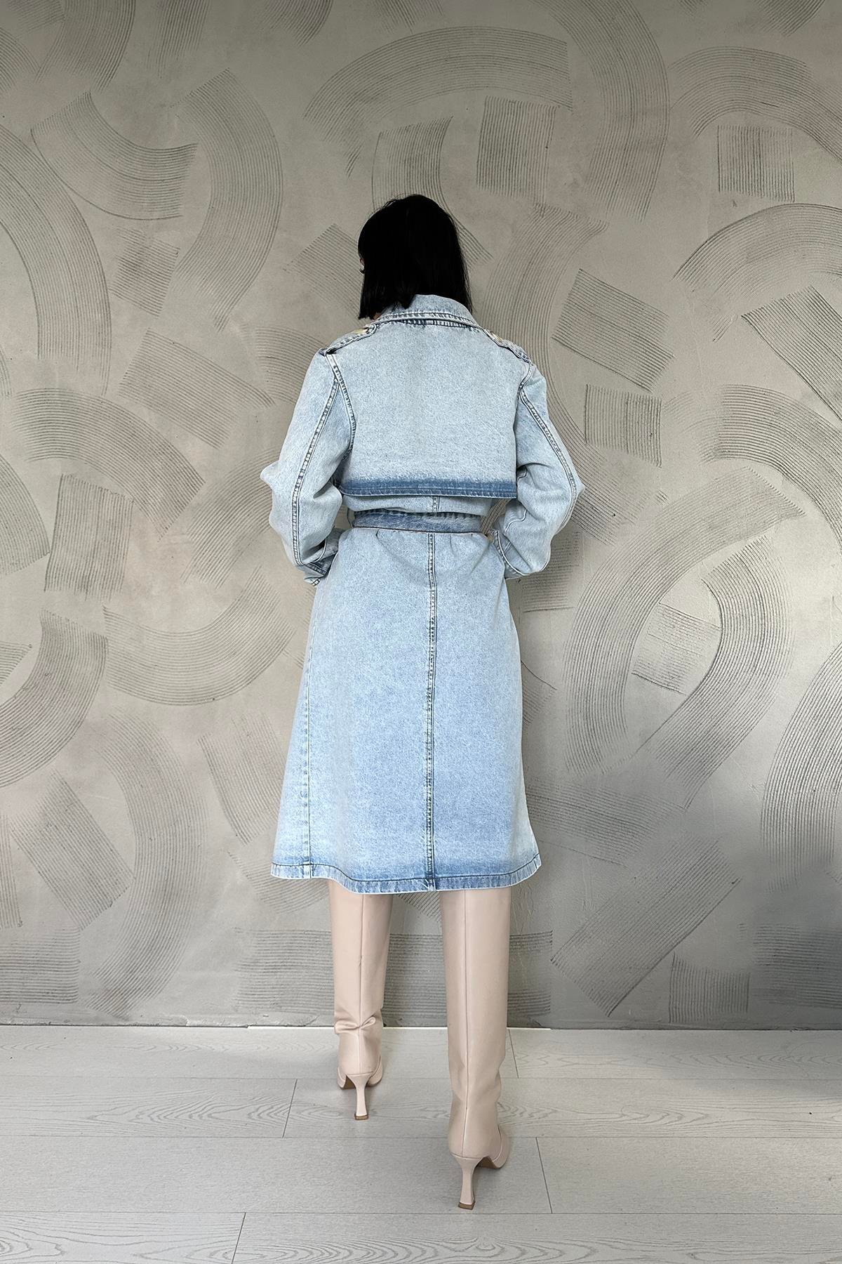 Оптовая продажа синего джинсового тренча с поясом