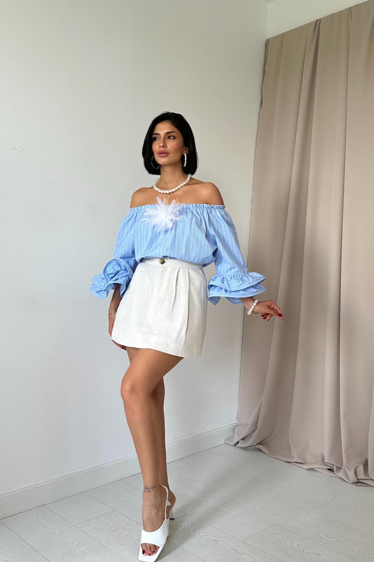 Toptan Mavi Omzu Lastikli Balenli Bluz