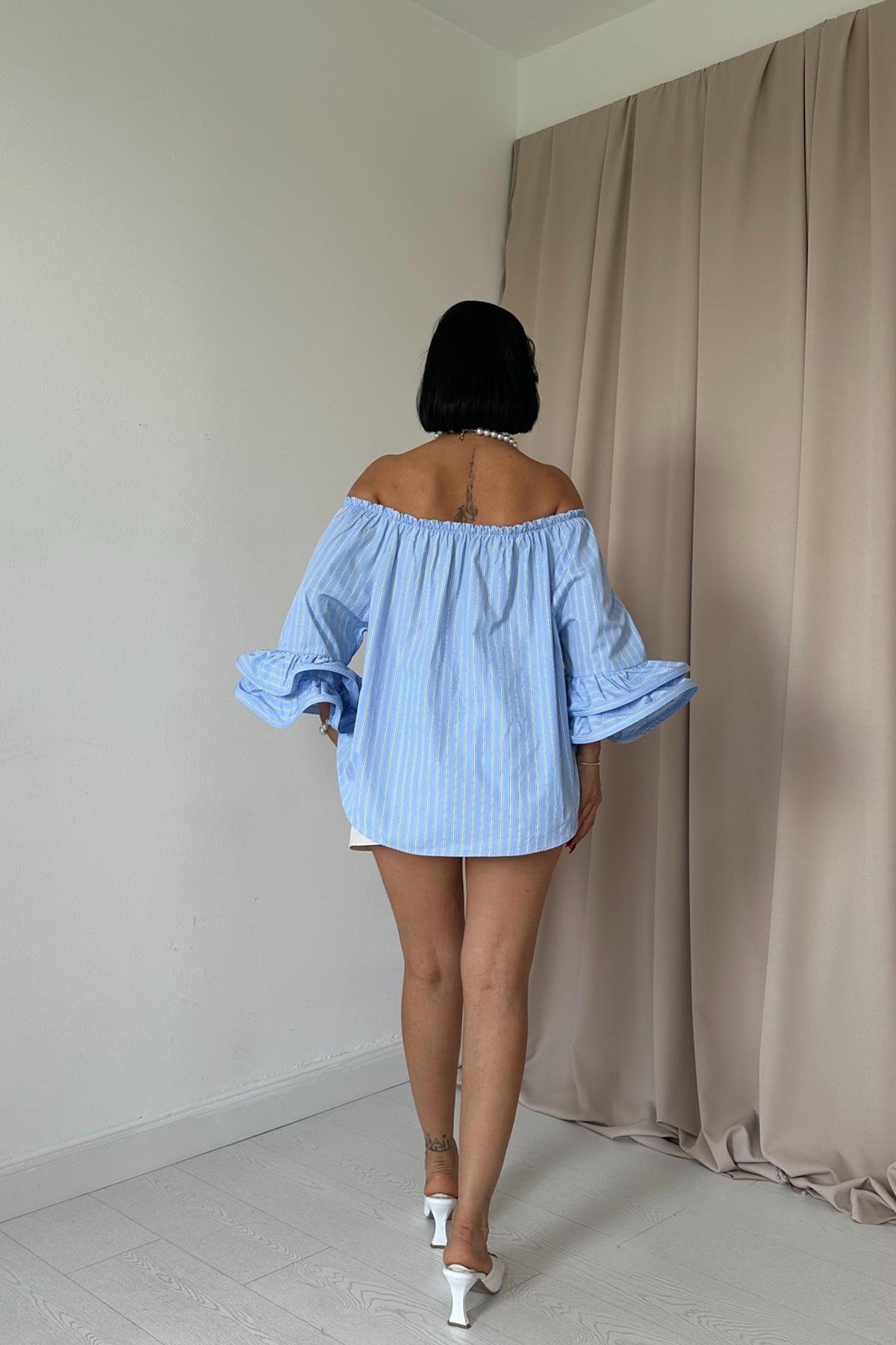 Toptan Mavi Omzu Lastikli Balenli Bluz