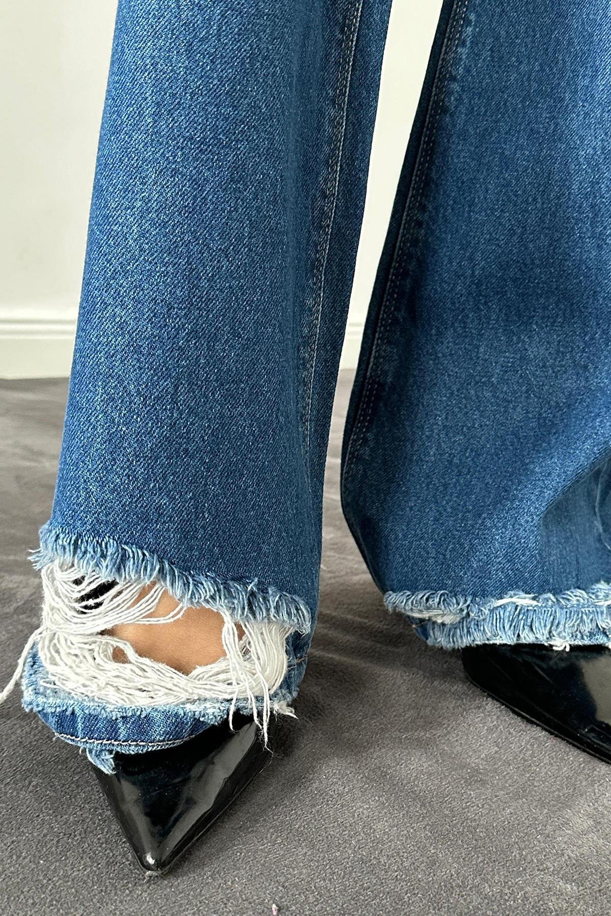 Toptan Mavi Palazzo Lazerli Jeans Pantolon