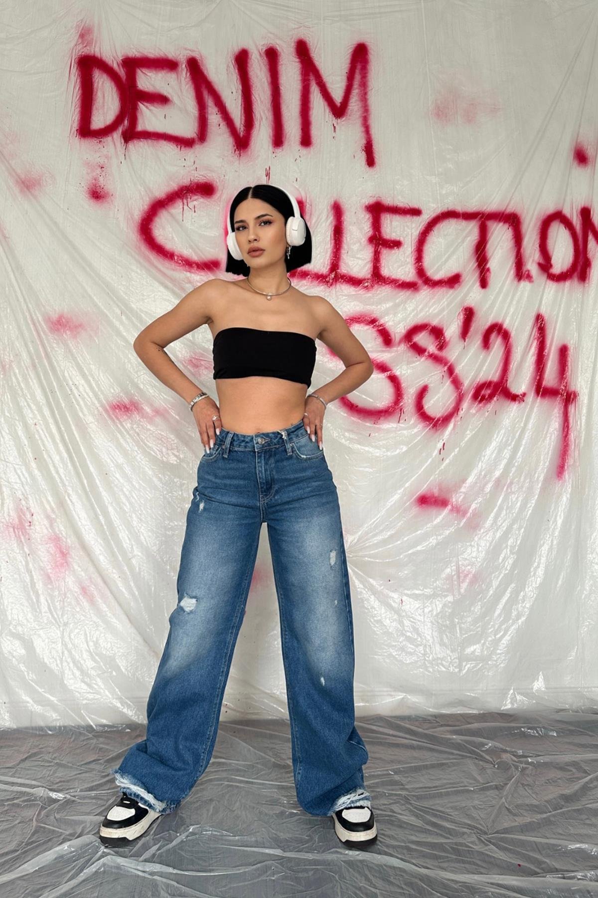 Toptan Mavi Palazzo Lazerli Jeans Pantolon