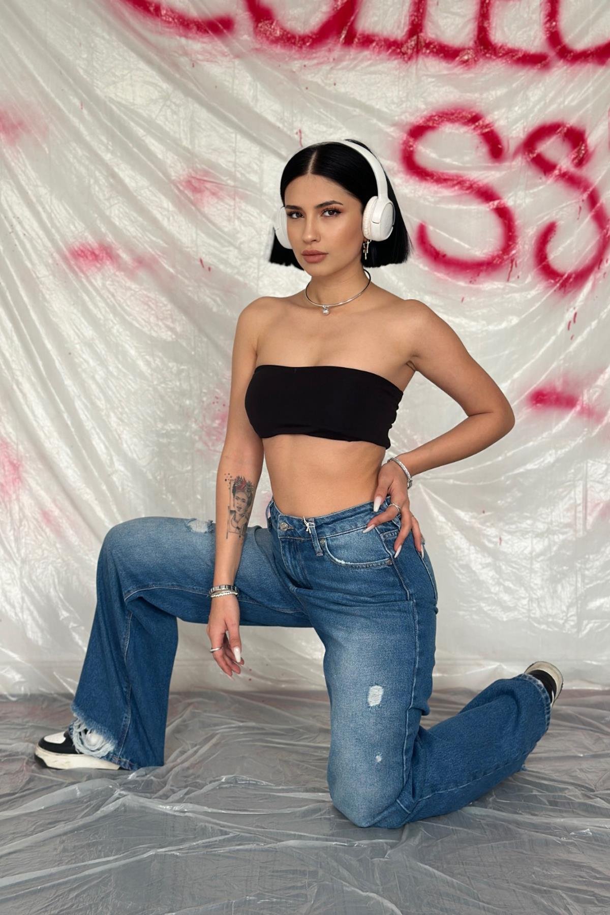 Toptan Mavi Palazzo Lazerli Jeans Pantolon