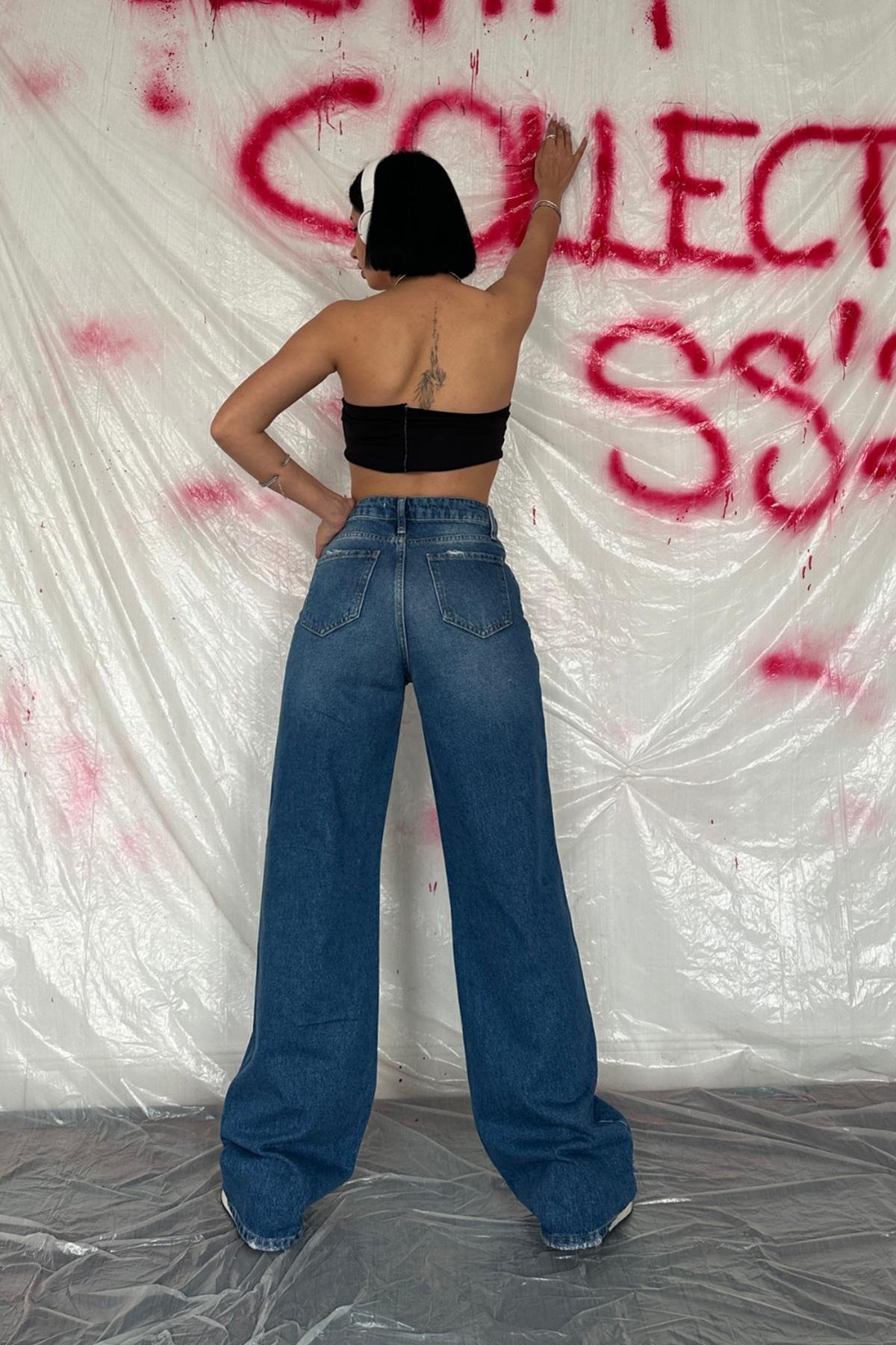 Toptan Mavi Palazzo Lazerli Jeans Pantolon