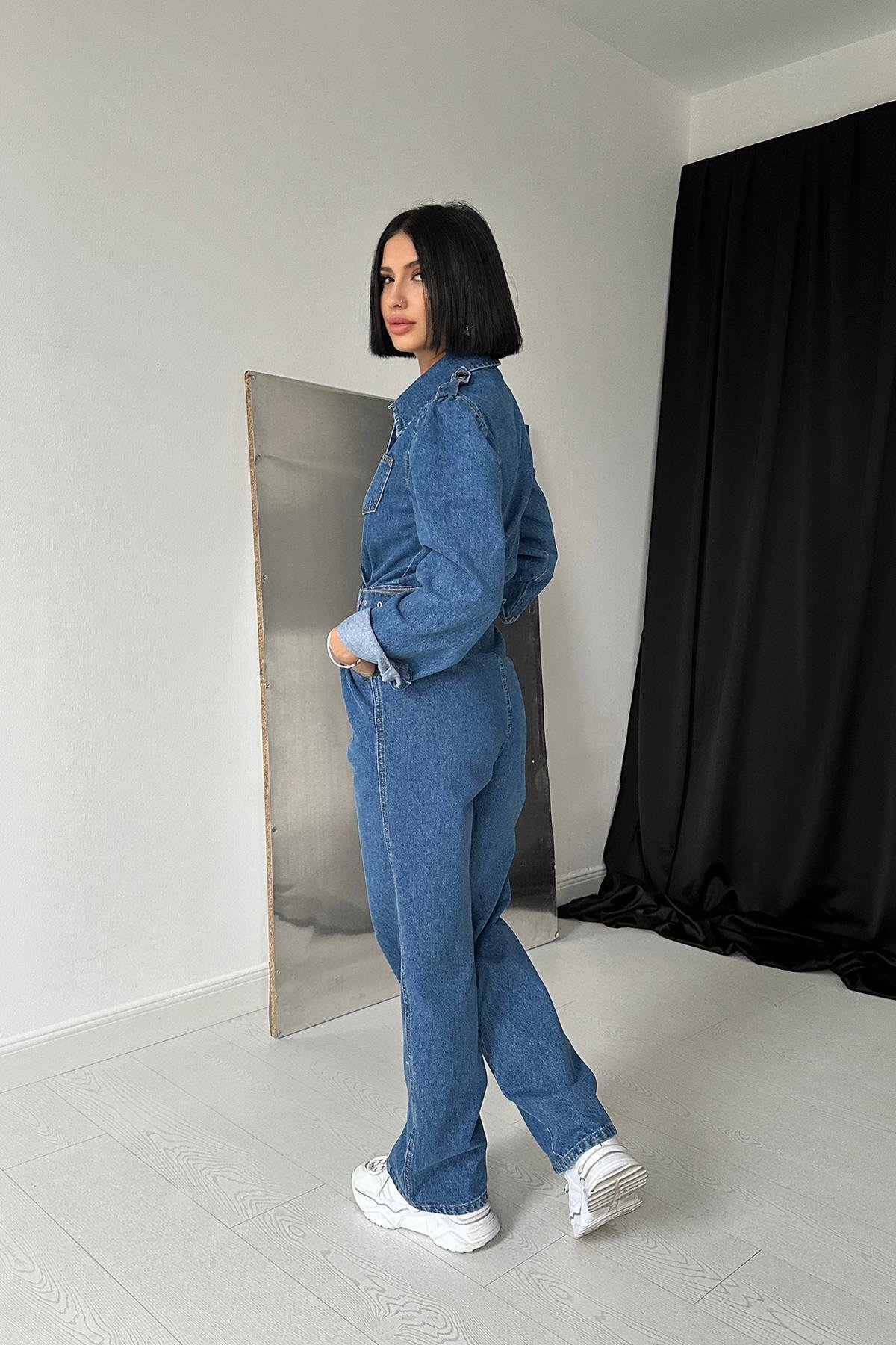 Toptan Mavi Rüzgarlık Detalı Kemerli Tulum