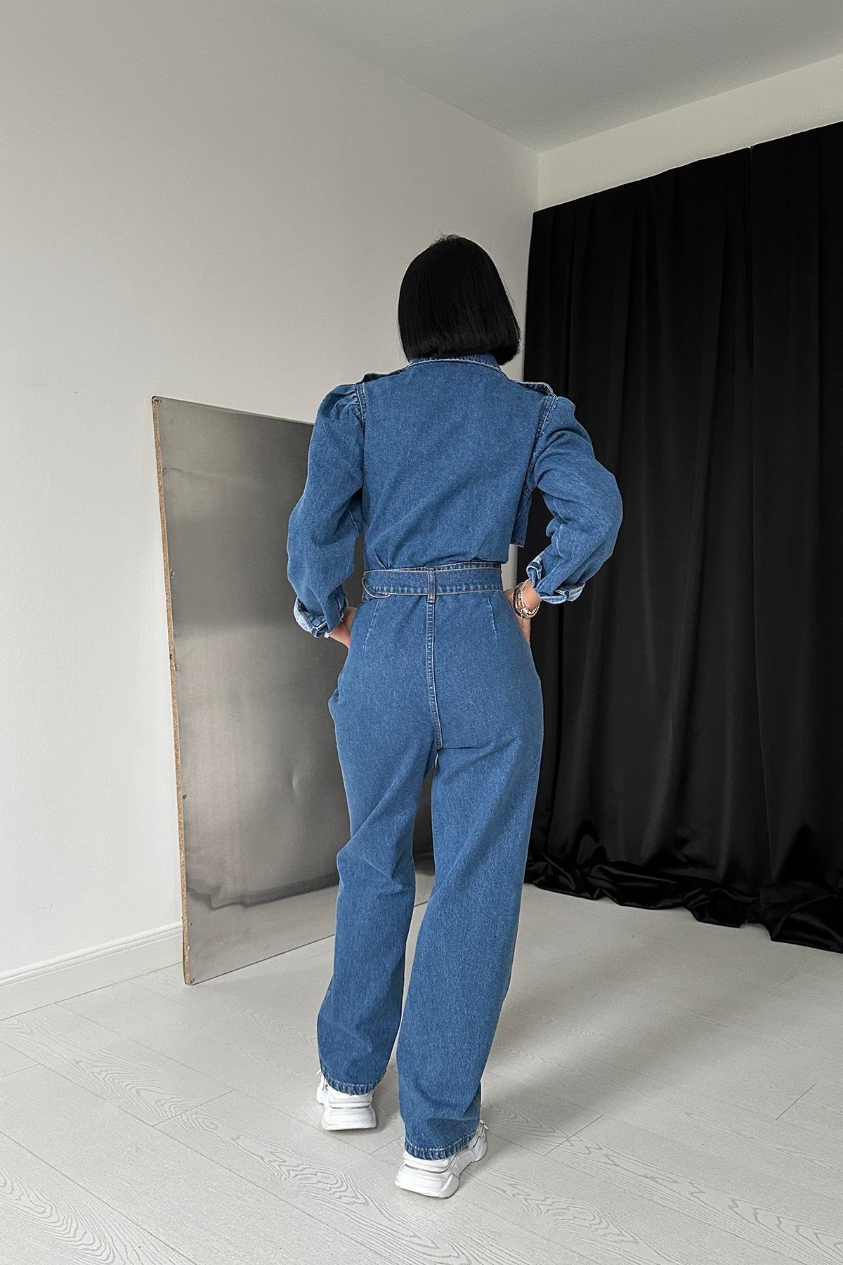 Toptan Mavi Rüzgarlık Detalı Kemerli Tulum