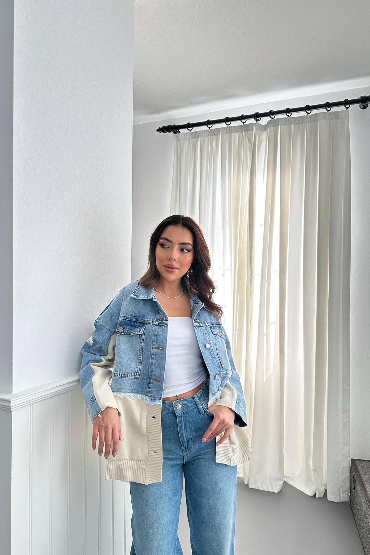 Toptan Mavi Triko Garnili Kot Ceket