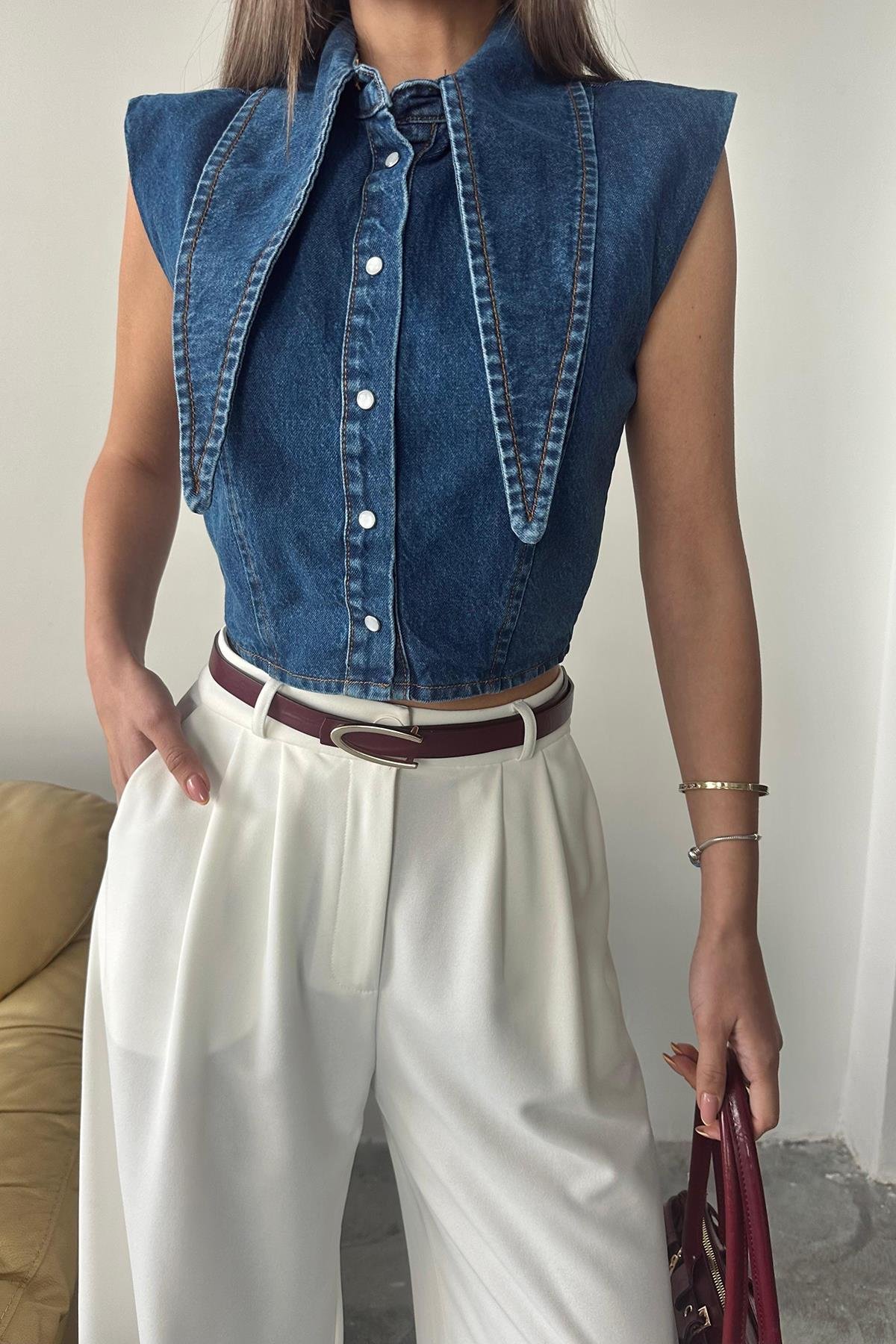 Toptan Mavi Yaka Detaylı Denim Crop