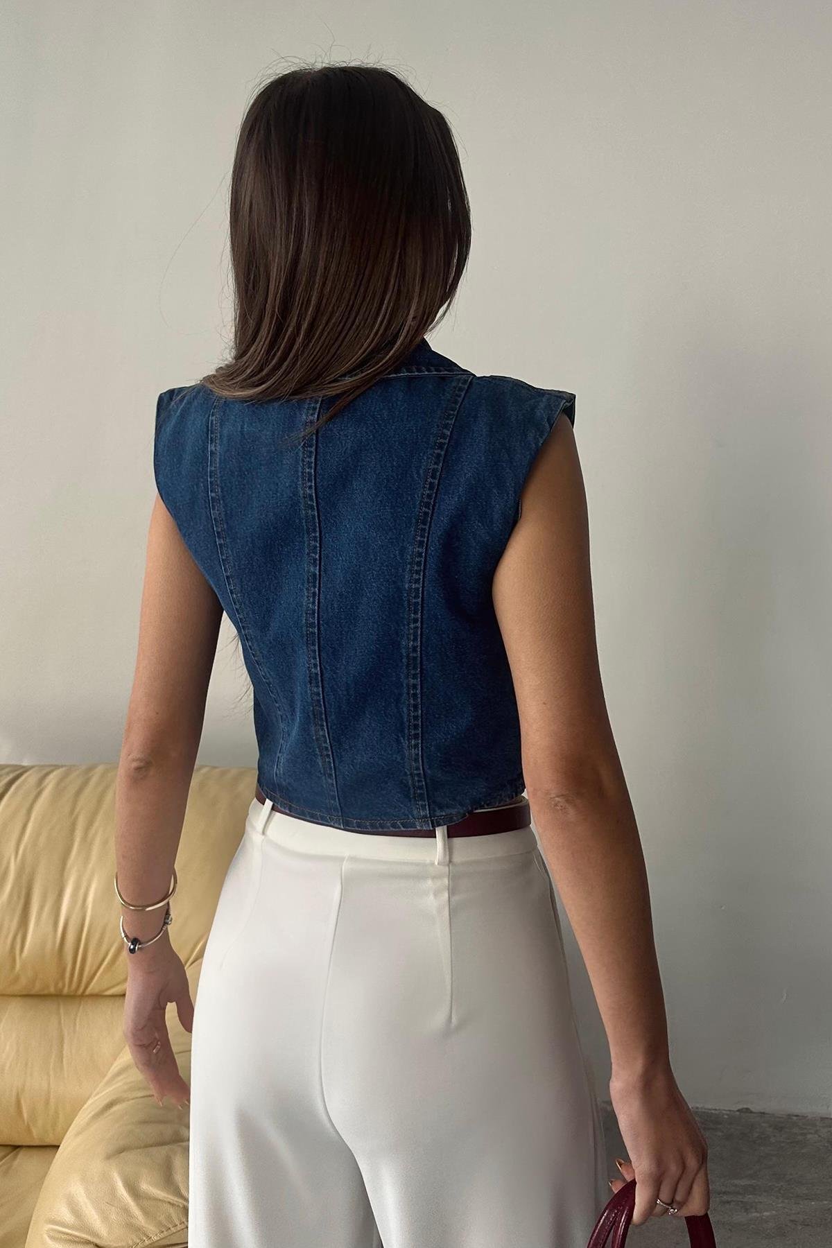 Toptan Mavi Yaka Detaylı Denim Crop