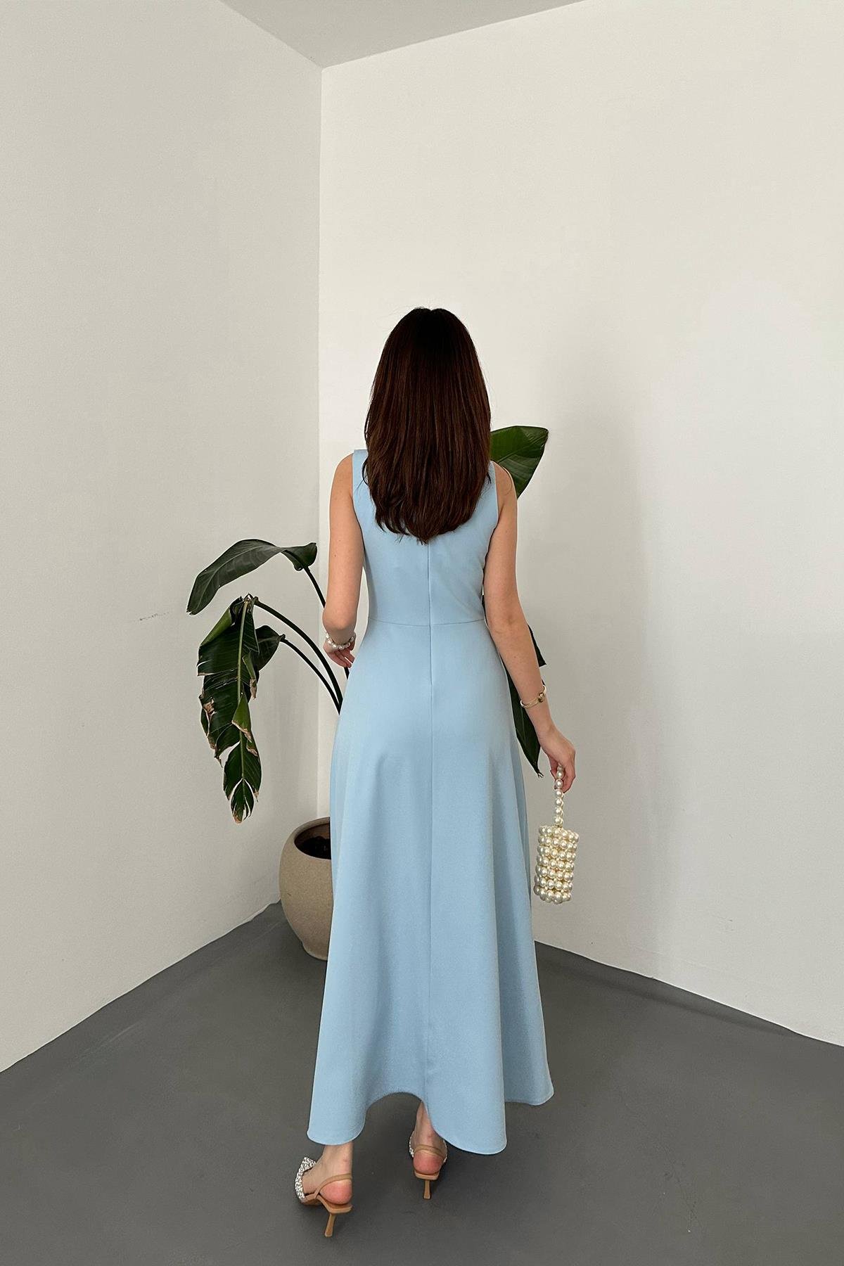 Toptan MAVİ Yaka Fiyonklu Uzun Elbise