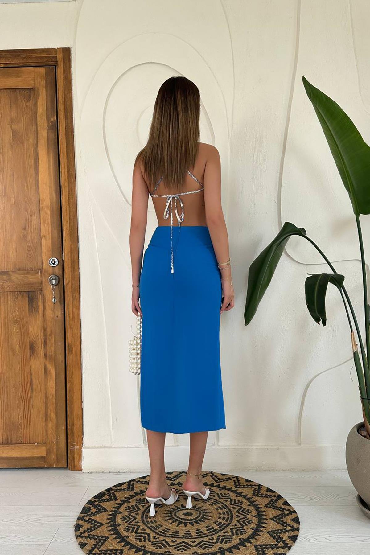 Toptan Mavi Yırtmaçlı Etek