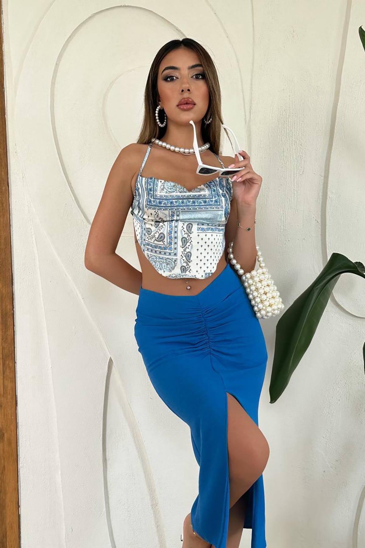 Toptan Mavi Yırtmaçlı Etek