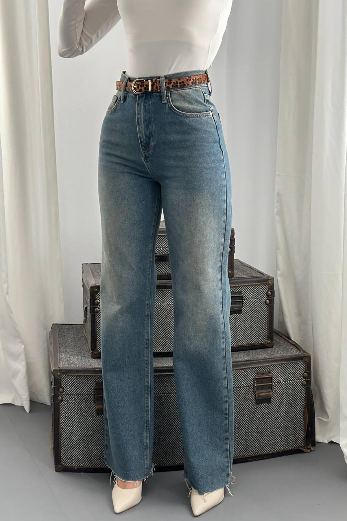 Toptan Mavi Yüksek Bel ve Geniş Paça Jeans Pantolon