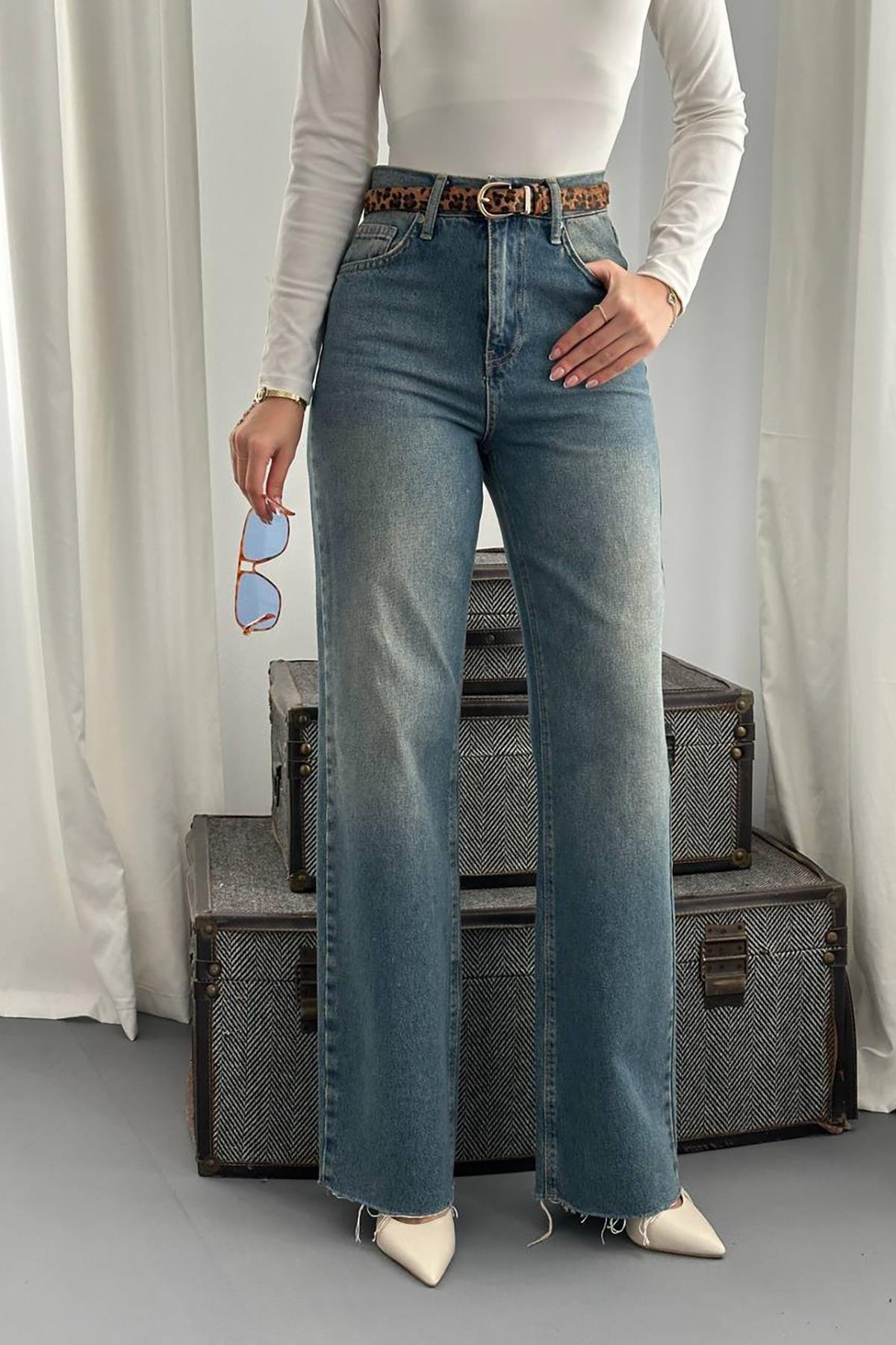 Toptan Mavi Yüksek Bel ve Geniş Paça Jeans Pantolon