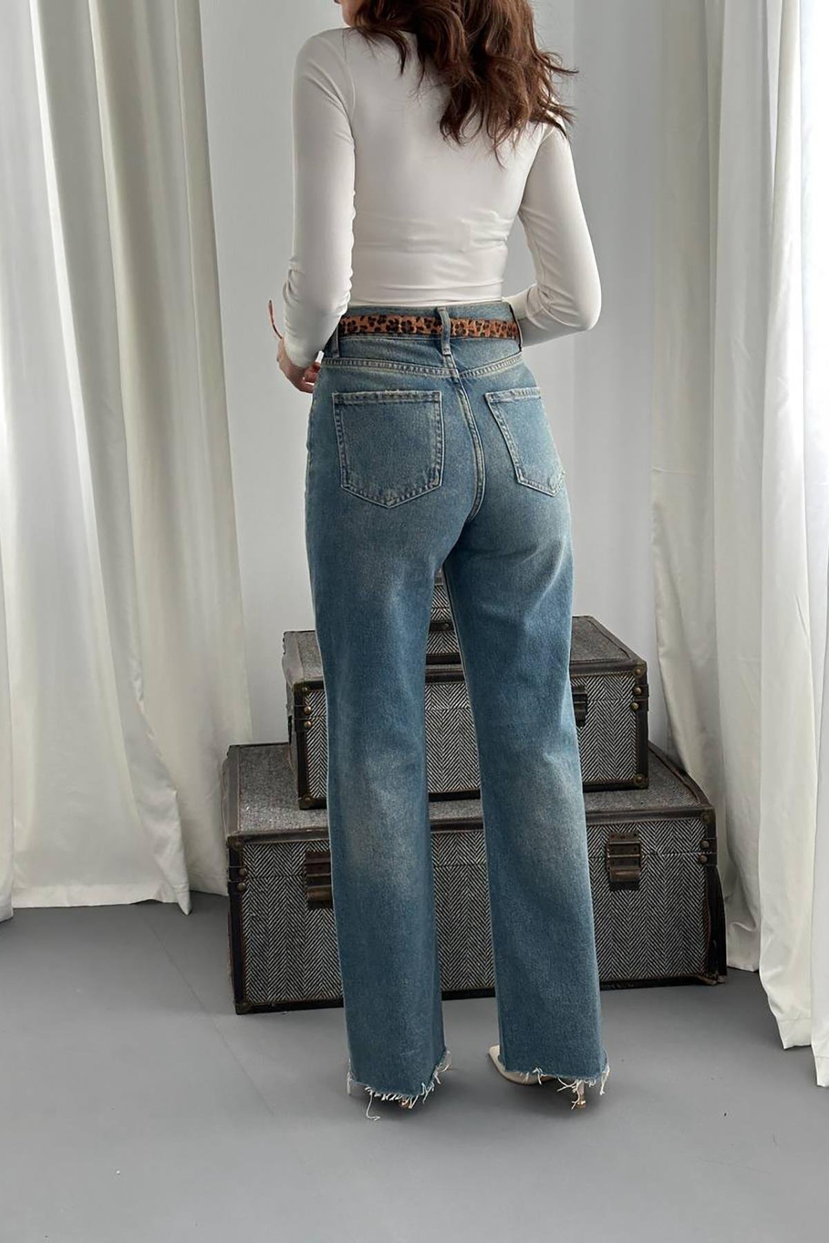 Toptan Mavi Yüksek Bel ve Geniş Paça Jeans Pantolon