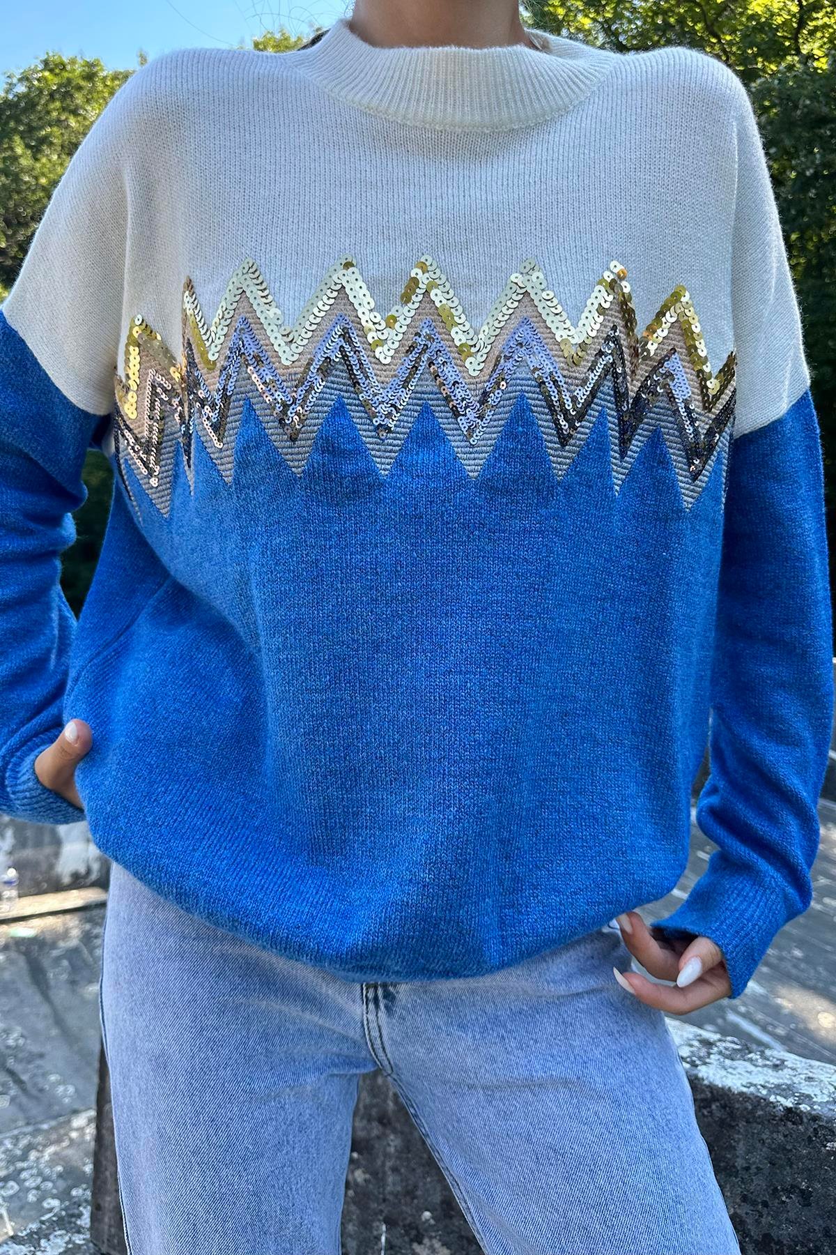 Toptan Mavi Zikzak Desenli Triko Kazak