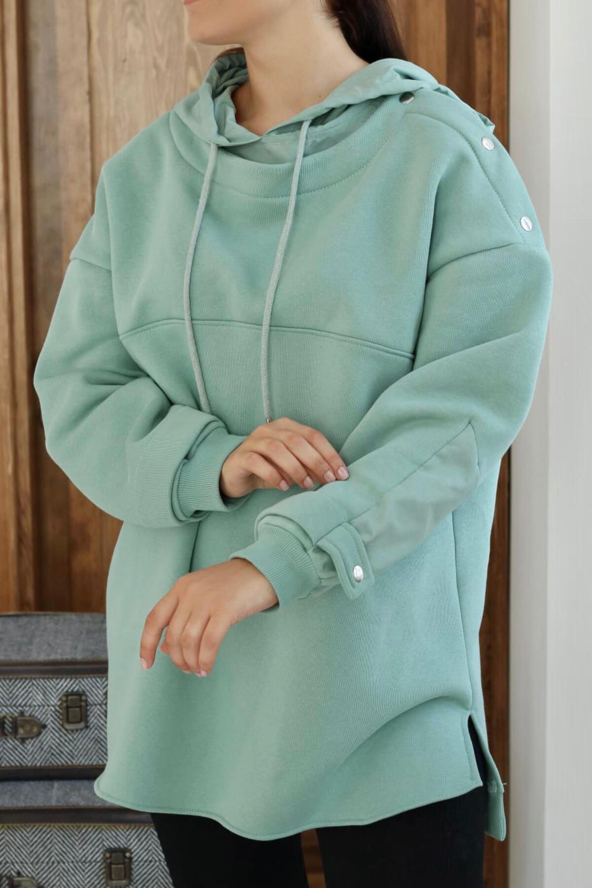 Toptan Mint Kapüşonlu Garni Detay Sweatshirt