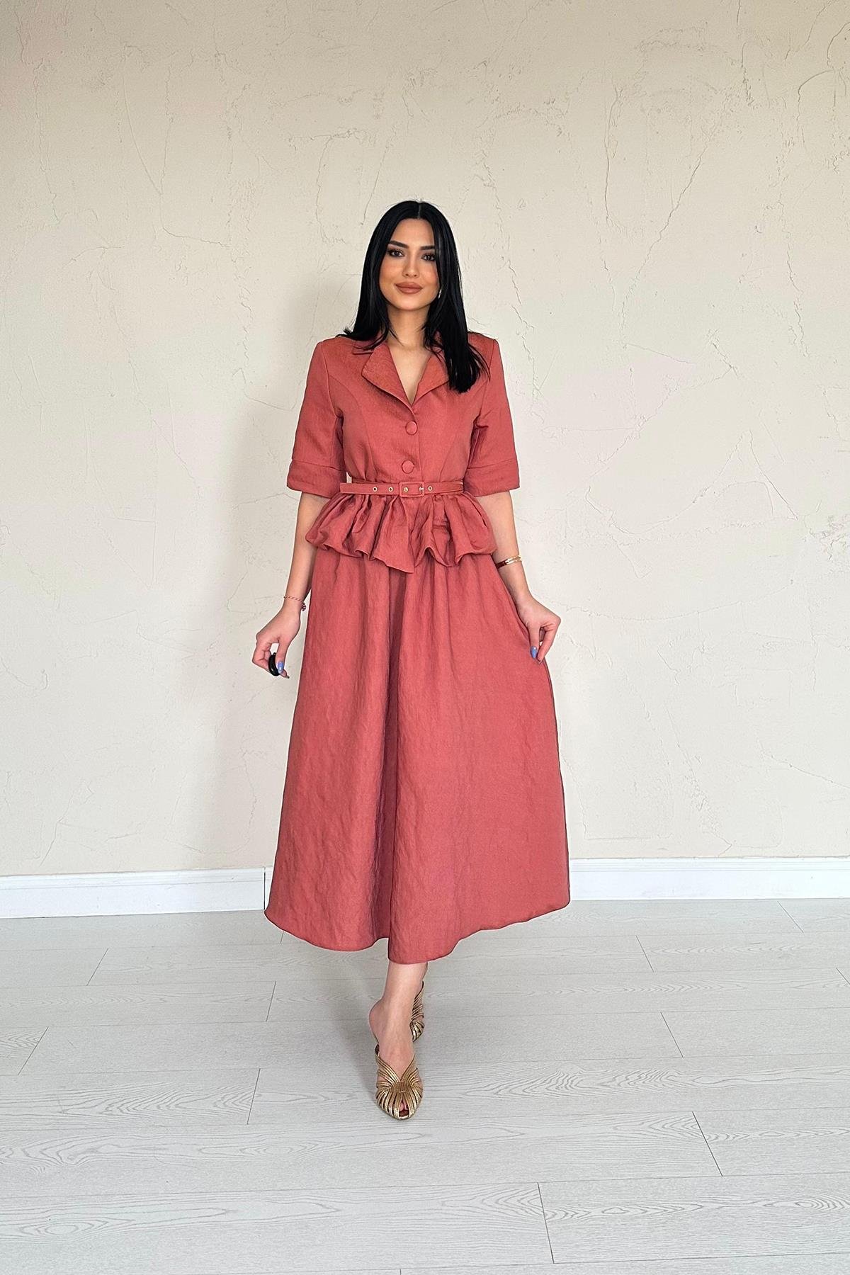 Wholesale Moccah Thin Belted Ruffle Jacket and Gathered Skirt Set