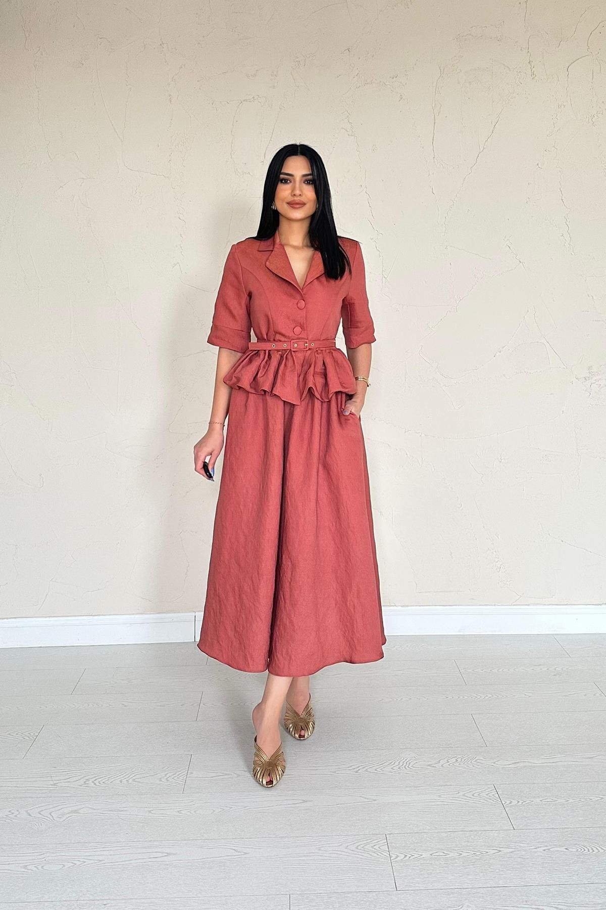 Wholesale Moccah Thin Belted Ruffle Jacket and Gathered Skirt Set