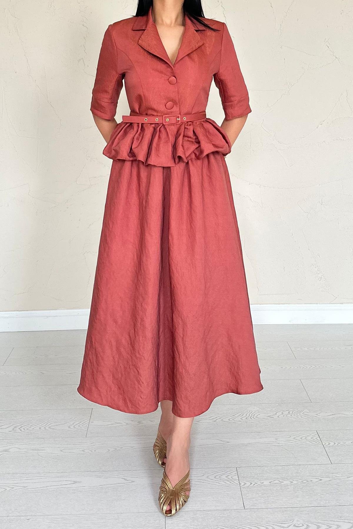 Wholesale Moccah Thin Belted Ruffle Jacket and Gathered Skirt Set