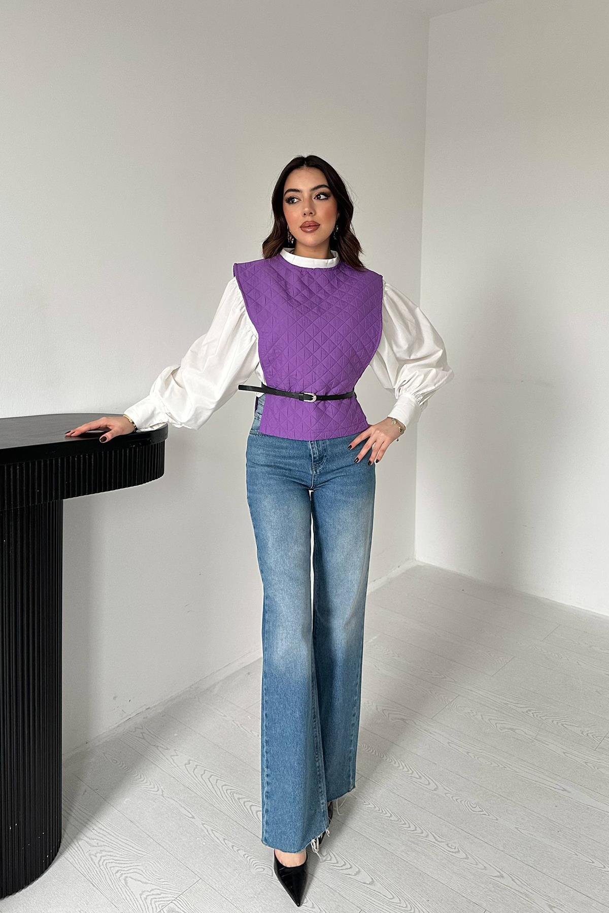 Toptan Mor Kemerli Gömlek ve Panço Takım