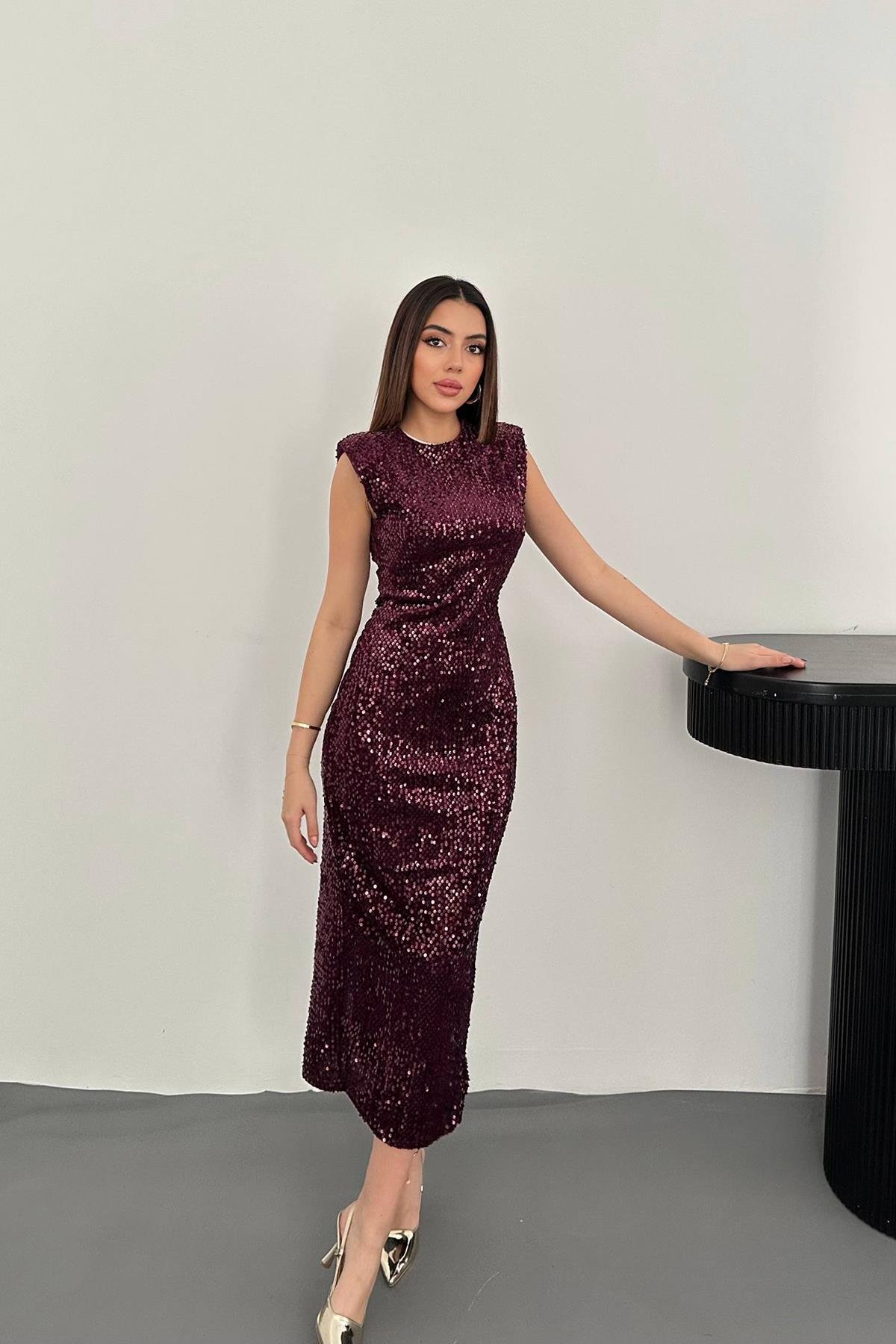 Toptan Mor Pul Payetli Vatkalı Elbise