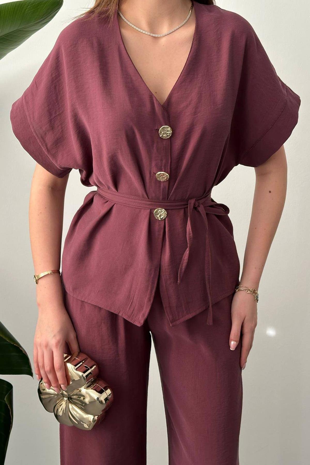 Toptan Mürdüm Düğme Detaylı İkili Modal Takım