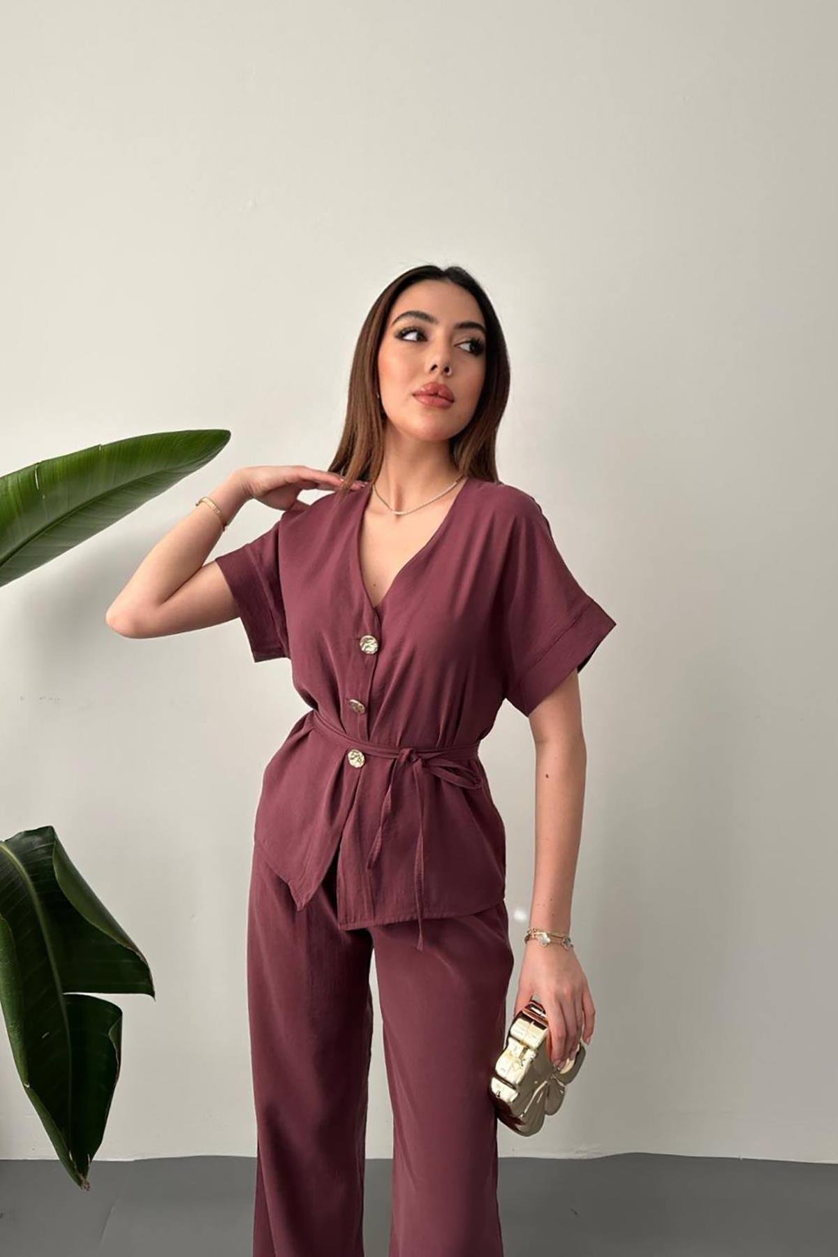 Toptan Mürdüm Düğme Detaylı İkili Modal Takım