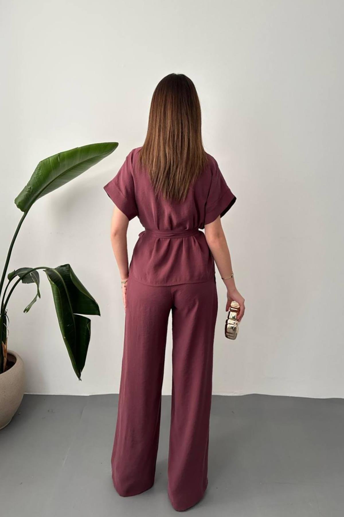 Toptan Mürdüm Düğme Detaylı İkili Modal Takım