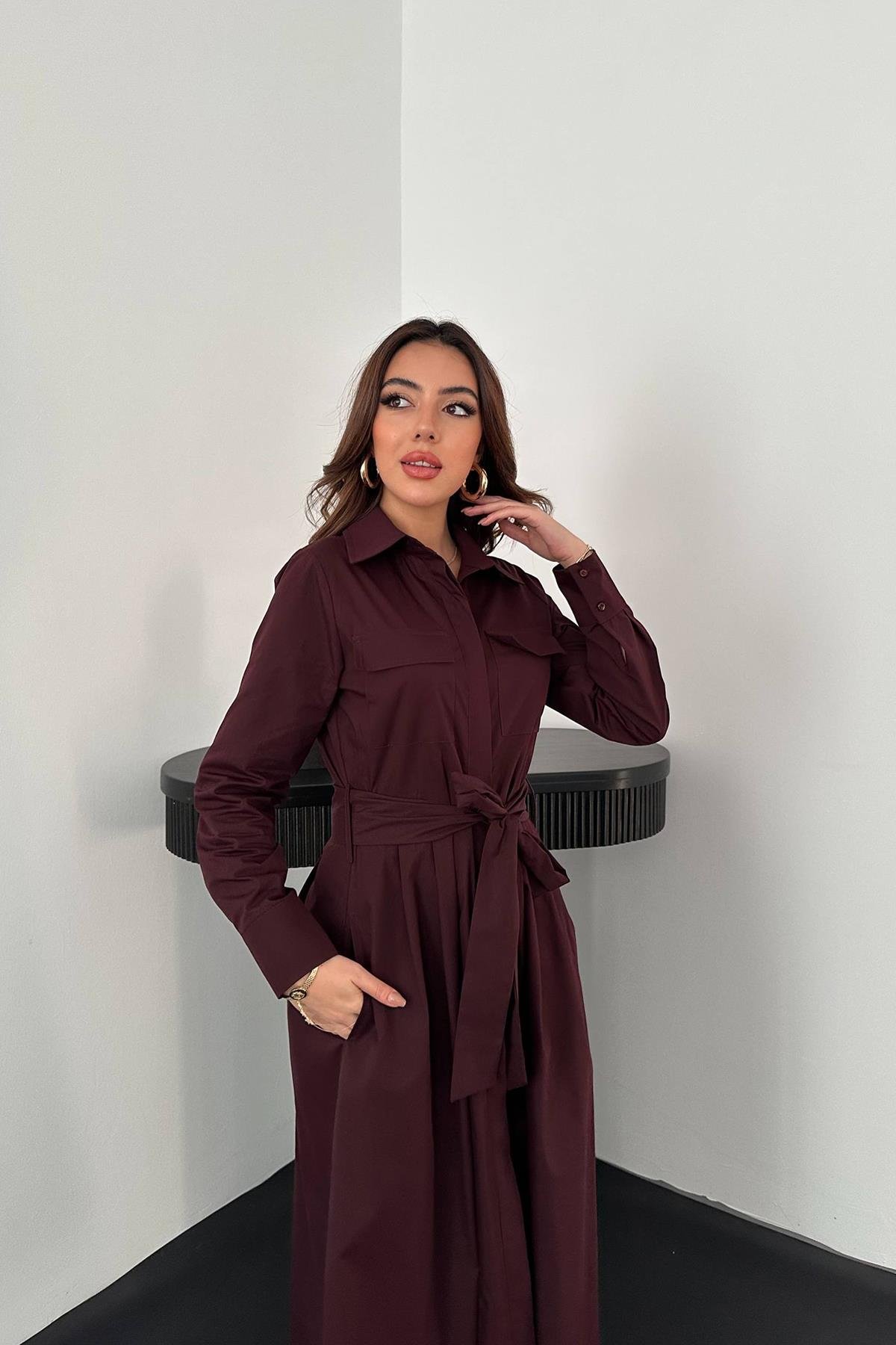 Toptan Mürdüm Düğmeli Poplin Elbise