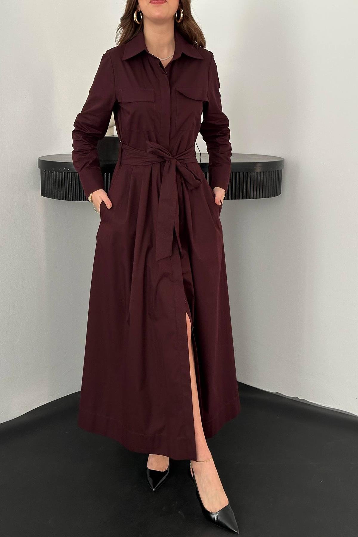 Toptan Mürdüm Düğmeli Poplin Elbise