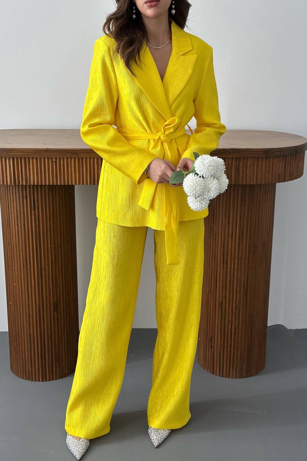 Toptan Neon Beli Kuşaklı Ceket ve Pantolon Parlak Takım