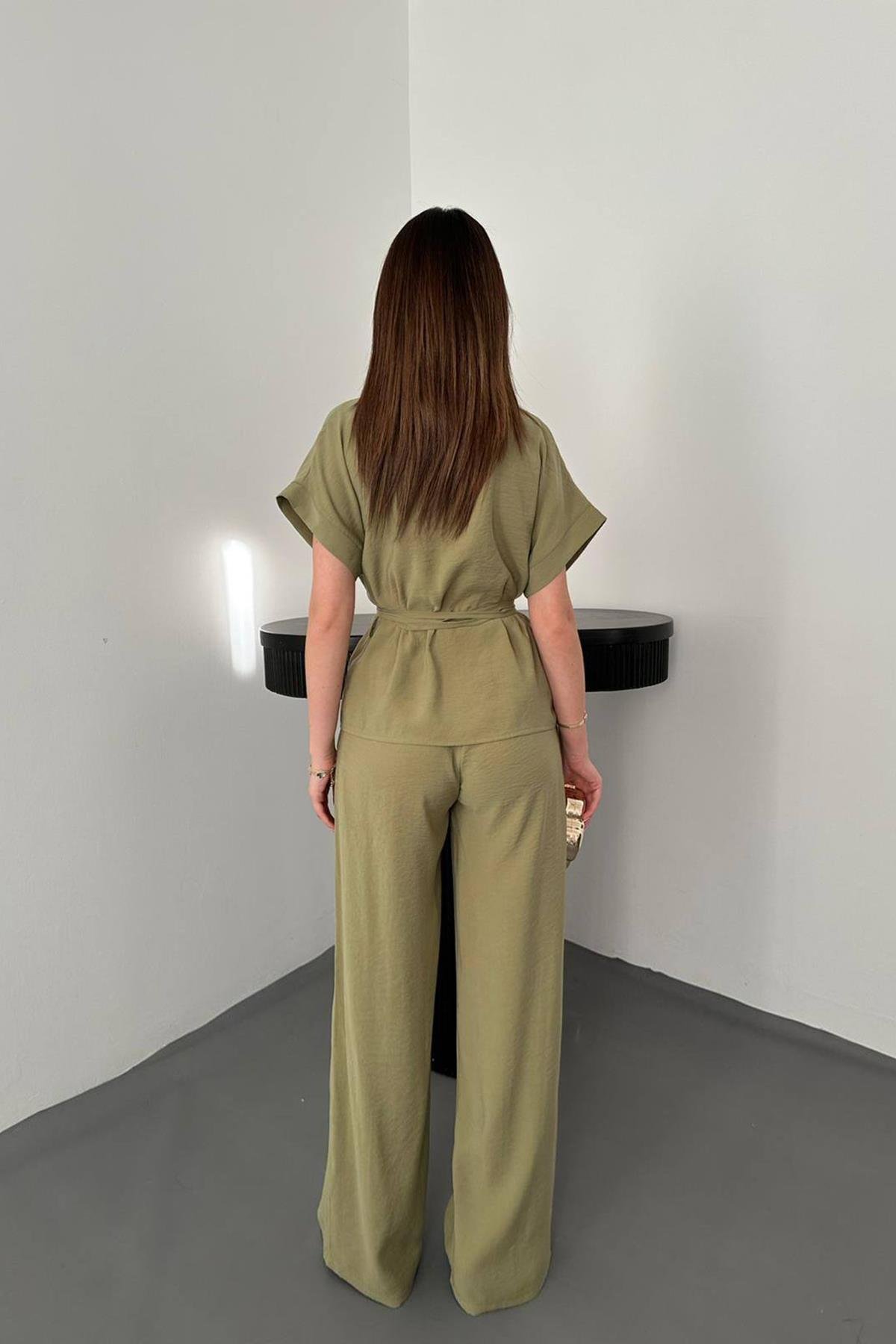 Toptan Olive Düğme Detaylı İkili Modal Takım