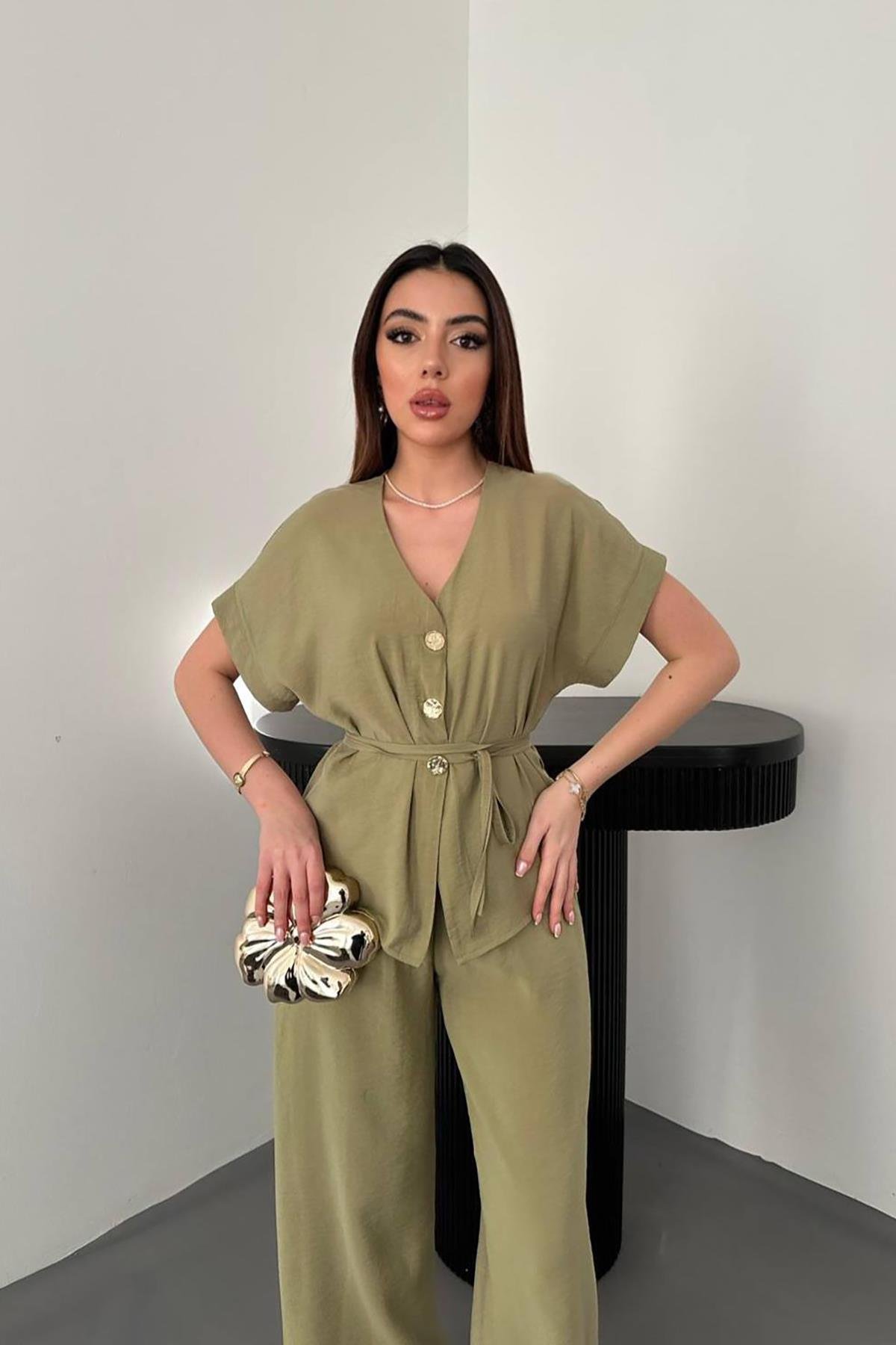 Toptan Olive Düğme Detaylı İkili Modal Takım