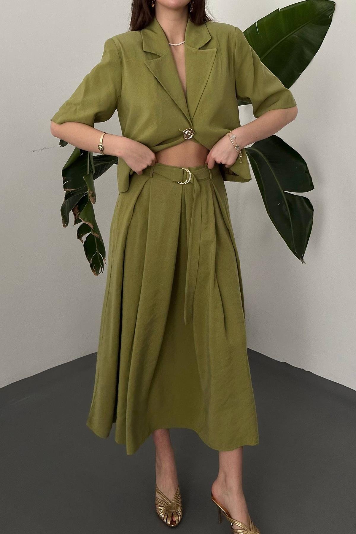 Toptan OLİVE Tek Düğmeli Kısa Ceket Ve Etek Takım