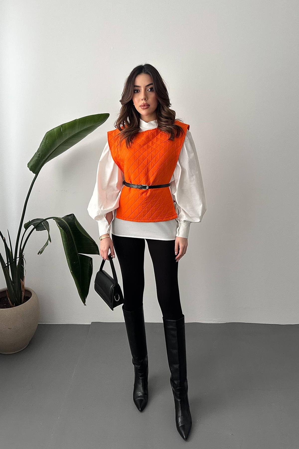 Toptan Oranj Kemerli Gömlek ve Panço Takım