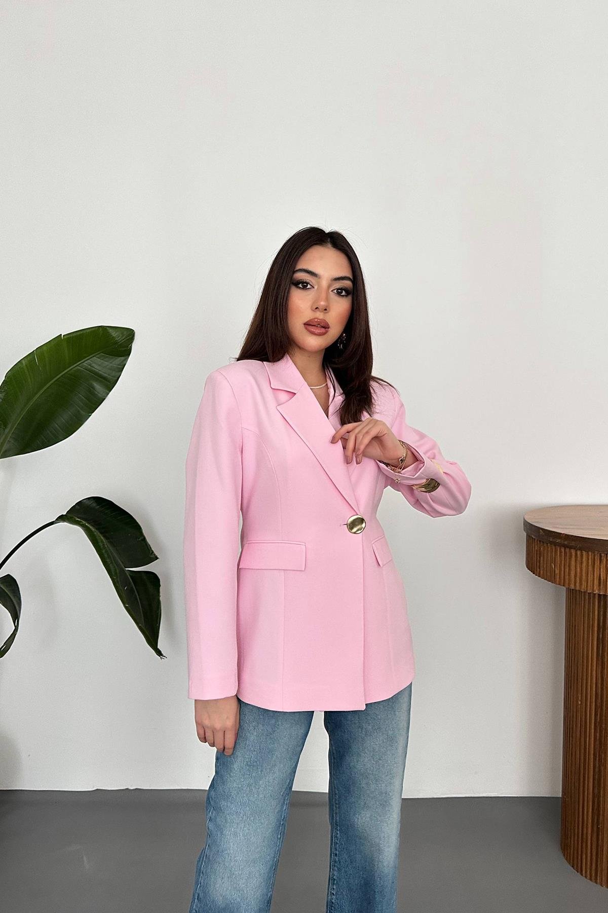 Toptan PEMBE Belden Oturtmalı Blazer Ceket