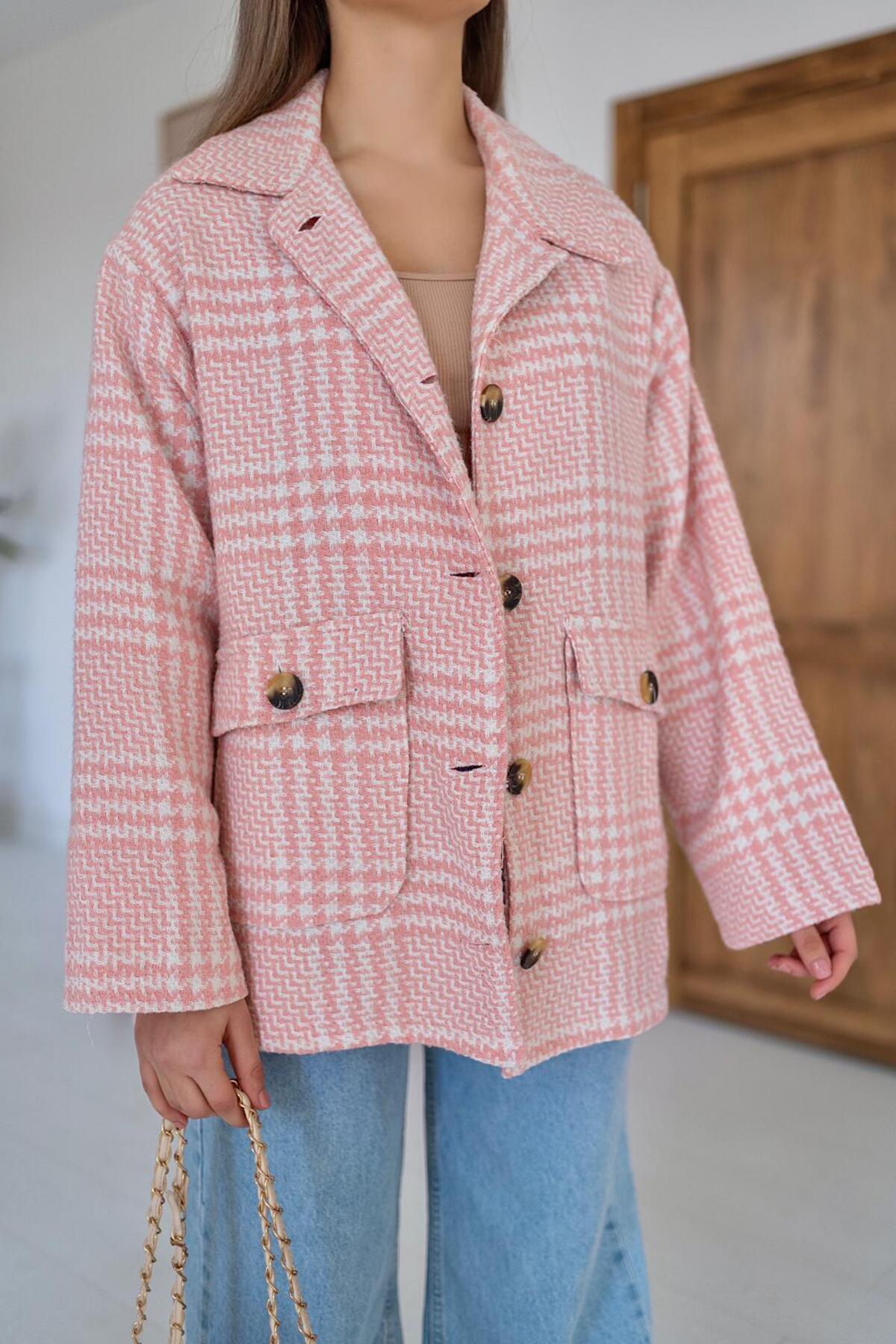 Pink Buttoned Plaid Coat